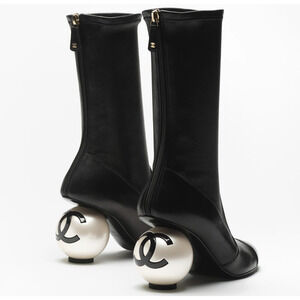 Chanel 25K Black White Pearl Ball Heel CC Logo Stretch Leather Mid Calf Boot 42C